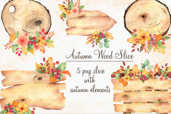Autumn Wood Slice Clipart in Watercolor Illustrations