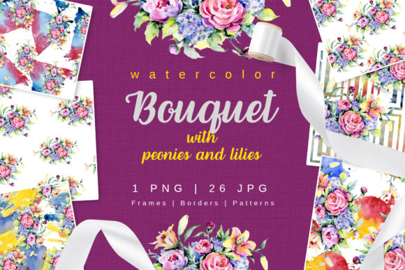 Bouquet with Peonies and Lilies Watercolor Illustrations
