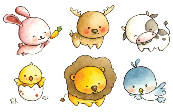 Cartoon Animals in Watercolor Vector Illustrations