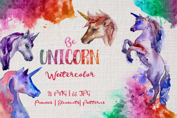 Colorful Unicorn Horse Watercolor Set Illustrations