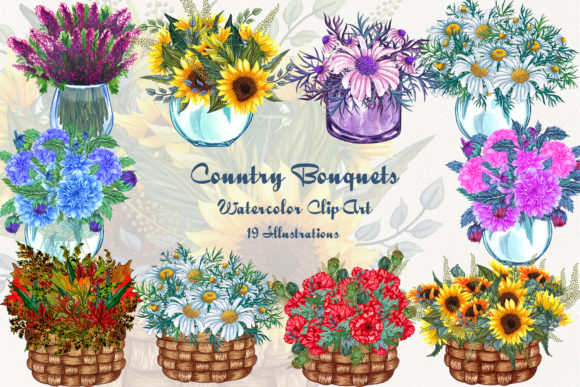 Country Bouquets Watercolor Clip Art & Illustrations