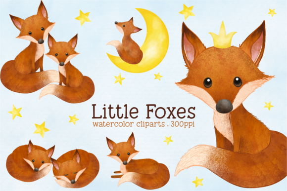 Little Fox Watercolor Animal Clip Arts & Illustrations