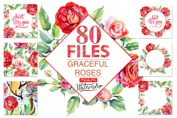 Roses Red Watercolor Flower Set & Illustrations