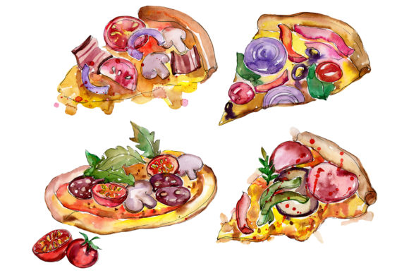 Tasty Italian Pizza Watercolor Set Illustrations