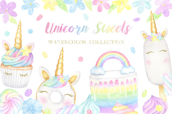 Unicorn Sweets Watercolor Collection Illustrations