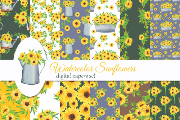 Watercolor Sunflowers Digital Papers & Illustrations